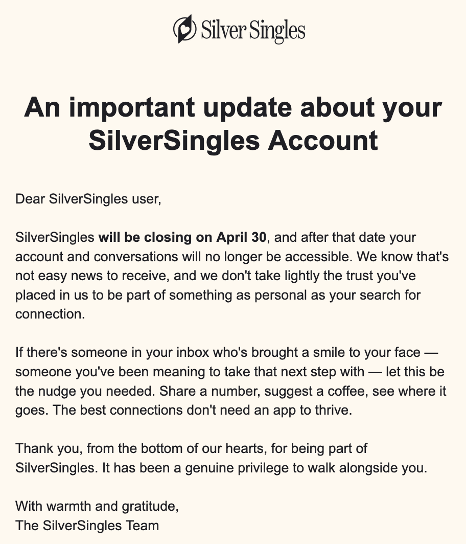 SilverSingles closing down notice